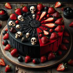 a chocolate cake with strawberries and skulls on it, surrounded by other fruit items