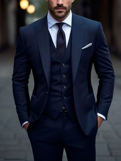 Azul Marinho Looks para o Trabalho,Festa Collar   Bloco de cores  Embellished Não elástico Navy Blue Suit For Groom, Navy Blue Suits For Men Wedding, Navy Blue Suit Men Wedding, Blue Suits For Men Wedding, Dark Blue Suit Men, Navy Suit Outfit Men, Navy Fitted Suit, Navy Blue Suits For Men