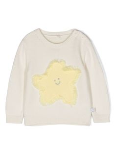 cream white/yellow organic cotton star embroidery at the front crew neck drop shoulder long sleeves ribbed cuffs and hem Cream Colored Sweater, Yellow Star, Ivory Sweater, Star Embroidery, Kenzo Kids, Stella Mccartney Kids, Kids Sweater, Embroidered Sweatshirts, Color Ivory