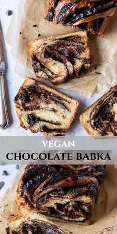 vegan chocolate babka is cut in half and placed on parchment paper