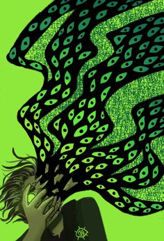 a drawing of a woman with her hair blowing in front of her face and green background