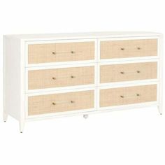 Holland 6-Drawer Double Dresser Matte White Natural Rattan Dressers LOOMLAN By Essentials For Living Casual Bedroom, Rattan Door, Solid Wood Dresser, Wood Dresser, White Brass, Wooden Chest, Double Dresser, 6 Drawer Dresser, Metal Drawers