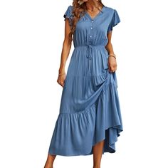 Blue Ruffled Sleeves V-neck Drawstring Waist Casual Dress Blue Casual V-neck Chiffon Dress, Blue V-neck Summer Dress With Short Sleeves, Blue Ruffled V-neck Dress, Blue V-neck Ruffle Dress For Summer, Blue V-neck Maxi Dress With Ruffle Hem, Women Dresses Casual, Casual Dress Women, Blue V-neck Rayon Maxi Dress, Ruffled Sleeves