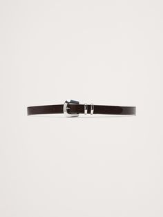 Designed and fitted to be worn on the hips, this skinny-width belt is crafted from a sturdy cut of leather and secured with a single buckle with beveled edges.  Single buckle closure.  Designed to be worn at the hips.  Designed to be worn at the hips.  Width: 1" (2. 5cm) XXS: 27-31" XS: 29-33" S: 31-35" M: 33-37" L: 36-40" XL: 40-44" XXL: 44-48" Beveled Edge, Leather Belt, Women's Accessories, Banana Republic, Dark Brown, Buckle, Leather