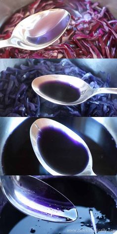 three spoons with purple liquid in them