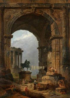 an oil painting of a man riding a horse through a stone archway