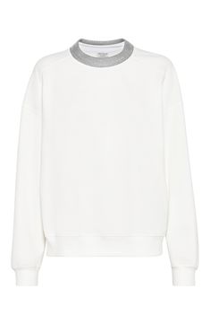 Thanks to the excellence of the natural fiber, the pure cotton Smooth French terry showcases a soft, comfortable texture. Crew-neck Drop shoulder Nickel-free monili decoration White French Terry Sweats For Loungewear, White French Terry Sweatshirt For Loungewear, White Athleisure Sweatshirt With Ribbed Collar, White Athleisure Sweater With Ribbed Cuffs, White Sweatshirt With Ribbed Collar For Loungewear, White Sweater With Ribbed Collar For Loungewear, White Ribbed Collar Sweatshirt For Loungewear, White Relaxed Fit Sweatshirt With Ribbed Collar, White Sweatshirt With Ribbed Collar