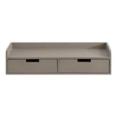 a grey shelf with two drawers on top and one drawer open to show the contents