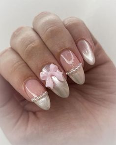 coquette bow nails designs Pink Ribbon Nails, Oval Acrylic Nails, Bow Nail Designs, Bow Nail Art, Ballet Nails, Homecoming Nails, Girls Nails, Pink Ribbon