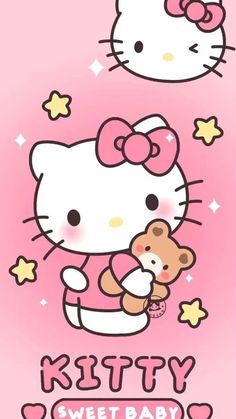 an image of hello kitty holding a teddy bear with stars on it's back