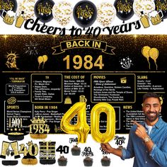 a man standing in front of a black and gold poster with the words cheers to 40 years back in 1994