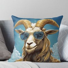 a goat with sunglasses on it's head and clouds in the background throw pillow