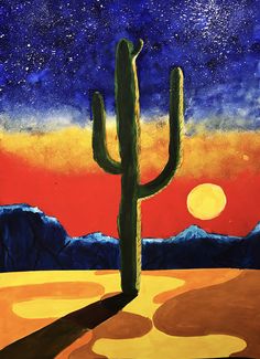 an acrylic painting of a cactus at night with the sun in the background