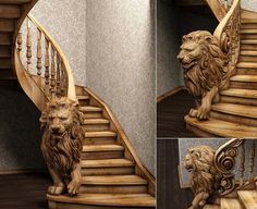 a lion statue sitting on top of a wooden staircase next to a spiral stair case