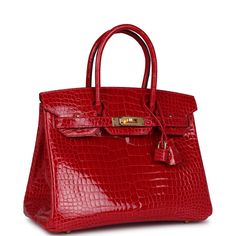 This Birkin is in Braise shiny porosus crocodile with gold hardware and has tonal stitching, front flap, two straps with center toggle closure, clochette with lock and two keys, and double rolled handles.The interior is lined with Braise chevre and has one zip pocket with an Hermes engraved zipper pull and an open pocket on the opposite side.Payment for this item is by Bank Wire only unless other arrangements have been made.Collection: BOrigin: FranceCondition: New and never worn (Plastic on har Luxury Classic Square Evening Bag, Luxury Red Crocodile Pattern Bag, Hermes Birkin Rust, Luxury Formal Bags With Lock, Luxury Red Summer Bags, Luxury Red Shoulder Bag For Vacation, Luxury Red Box Bag, Luxury Red Bags With Handle Drop, Luxury Bags With Rolled Handles For On-the-go