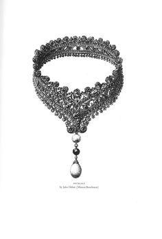 a drawing of a necklace with beads and a pendant on the end, in black and white