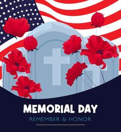 a memorial day poster with red poppies and an american flag