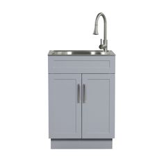 a gray sink and cabinet against a white background