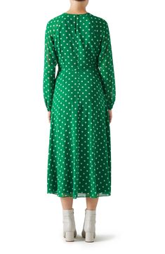 Dainty polka dots pattern this flowy long-sleeve chiffon midi dress designed with gathers at the neck for superior drape. Hidden back zip; keyhole with button-and-loop closure Jewel neck Long sleeves with button-and-loop cuffs Lined, except sleeves 100% polyester Machine wash, line dry Imported Green Button Closure Midi Dress For Daywear, Chic Green Button-up Midi Dress, Green Long Sleeve Midi Dress With Button Closure, Elegant Green Button-up Midi Dress, Long-sleeved Cotton Midi Dress With Belt, Polka Dot Midi Dress, Butterfly Sleeve Dress, Designer Midi Dresses, Lk Bennett