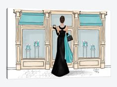 a drawing of a woman in a black dress and blue scarf walking past a store front