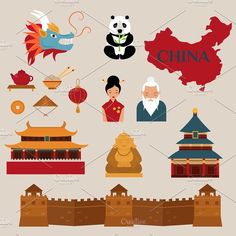 china icons and symbols in flat style