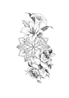 a black and white drawing of flowers with leaves on the bottom half of each flower