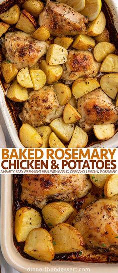 baked rosemary chicken and potatoes in a white casserole dish with text overlay