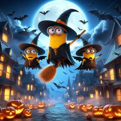 two minions dressed as witches flying in front of a full moon with bats and pumpkins