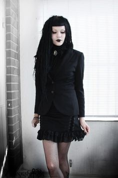 Goth Uniform, Corporate Witch, Goth Suit, Gothic Office, Witch Outfits, Betty Bangs, Goth Party, Gothic People