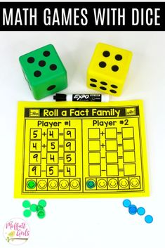 two dices, one green and one yellow with the words roll a fact family on it