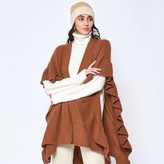 Details Size : 34" X 30" Material : 100% Polyester Luxury Brown Long Sleeve Poncho, Cozy One-size Poncho With Batwing Sleeves, Cowl Neck Poncho, Michael Kors Scarf, Checkered Scarf, Monogrammed Scarf, Pompom Scarf, Cable Knit Scarf, Cashmere Throw