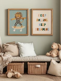 two framed pictures hang on the wall above a couch with stuffed animals and toys in baskets