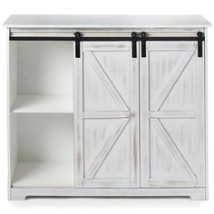 a white cabinet with two open doors and black handles on the door is shown in front of a white background