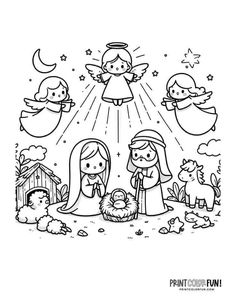 Nativity Scene Colouring Pages, Nativity Colouring Printables, Christmas Coloring Pages Free Printable Nativity, Christmas Religious Coloring Pages, Christmas Color Pages For Kids, Christmas Kids Coloring Pages, Simple Nativity Drawing, Nativity Coloring Pages Printables Free, Free Nativity Coloring Pages