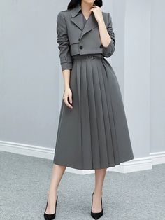 Regular Fit Plain Elegant Lapel Collar Trench Long sleeve Mid-long Coat Formal Coat And Skirt For Women, Skirts Korean, 일본 패션, Modest Dresses Casual, Woman Suit Fashion, Pleated Skirts, Classy Work Outfits, Easy Trendy Outfits, Stylish Work Outfits