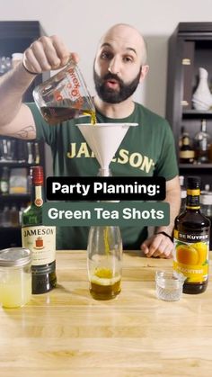 a man pours green tea into a martini glass with the words party planning on it