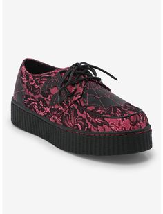 a pink and black lace - up creeper shoe