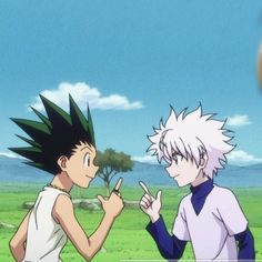 two anime characters standing in front of each other with one pointing at the other's finger