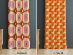 two pictures showing different patterns on curtains