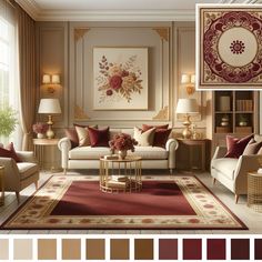 a living room filled with lots of furniture and decorating items in shades of brown, red