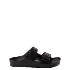 Birkenstock Arizona Sandal - Little Kid - Black | Journeys Kidz Comfortable Double Strap Sandals For Vacation, Adjustable Strap Slip-on Footbed Sandals For Vacation, Casual Double Strap Sandals For Vacation, Black Sport Sandals For Beach, Black Sport Sandals For The Beach, Black Sport Sandals For Beach Season, Casual Synthetic Footbed Sandals With Adjustable Strap, Comfortable Black Slides With Buckle Closure, Casual Double Strap Footbed Sandals For Vacation