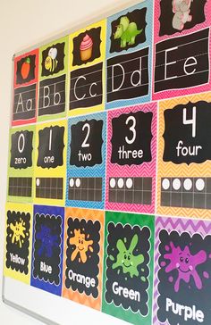 a colorful bulletin board with numbers and pictures on it