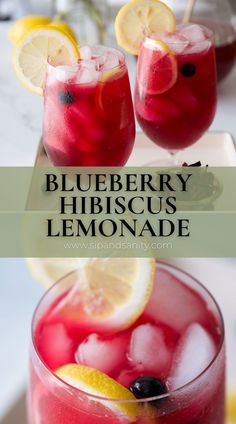 two glasses filled with blueberry hibiscus lemonade