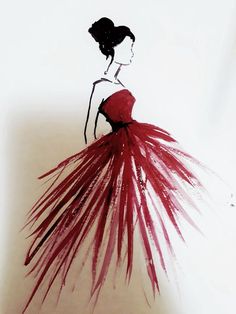 a drawing of a woman in a red dress with feathers on it's skirt