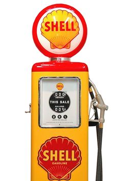 an old fashioned shell gas pump on white background