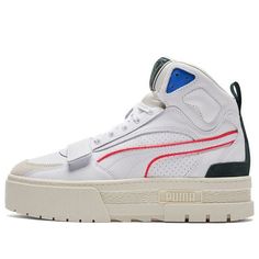 (WMNS) PUMA Mayze Mid 'White' 381253-01 (SNKR/Skate/Light/Casual/Women's/Thick Sole/Breathable/Shock-absorbing) White Mid-top Sporty Skate Shoes, White Mid-top Skate Shoes, White Casual High-top Sneakers, Casual White High-top Sneakers, Sporty White Skate Shoes With Contrast Sole, Urban White Skate Shoes For Spring, Urban White High-top Skate Shoes, White Synthetic Skate Shoes For Streetwear, White Urban Mid-top Skate Shoes