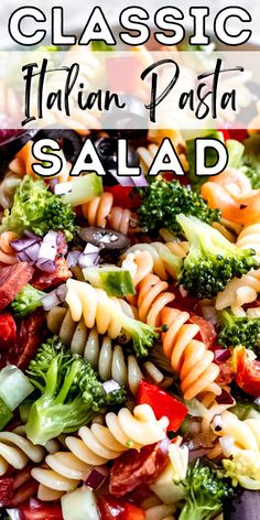 a close up of a pasta salad with broccoli