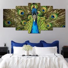 a peacock with feathers on it's tail is shown in this bedroom wall art