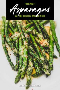 french asparagus with dijon mustard on a white plate and title overlay