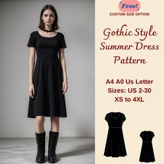 a woman wearing a black dress and boots with the text gothic style summer dress pattern